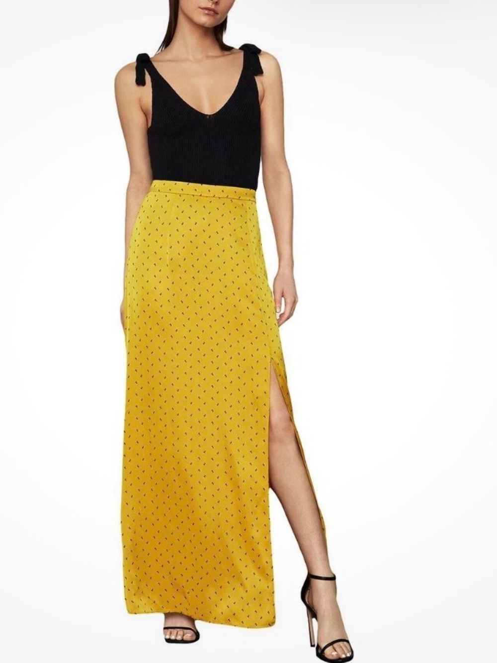 BCBG Max Azria Mustard Yellow Printed Maxi Skirt with Side Split